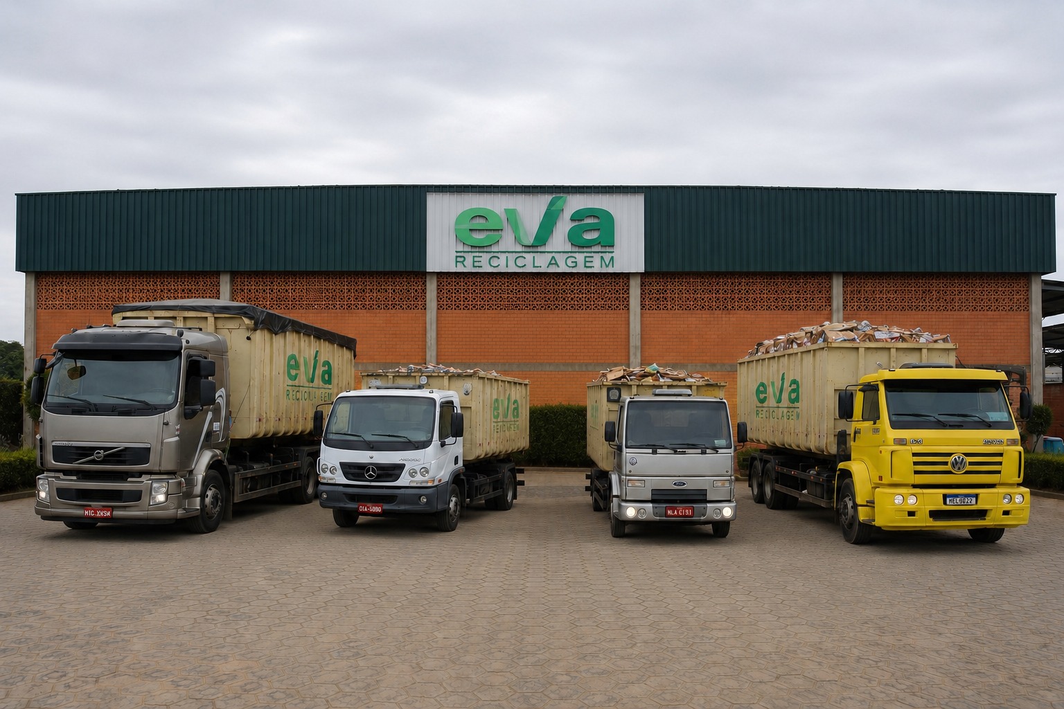Frota da EVA Reciclagem em frente à fachada da empresa